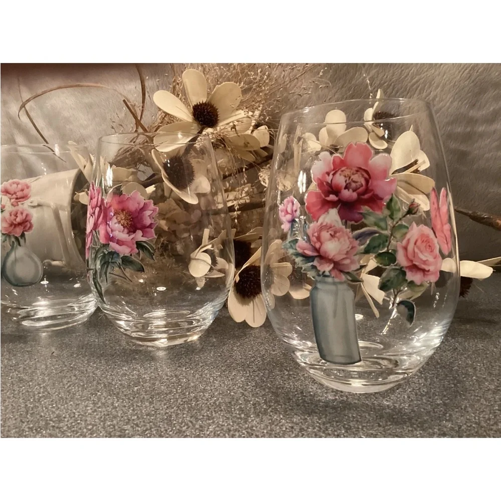 Wine Glasses Stemless Cottagecore Hand Decorated Set Of 4 Floral Peony & Roses